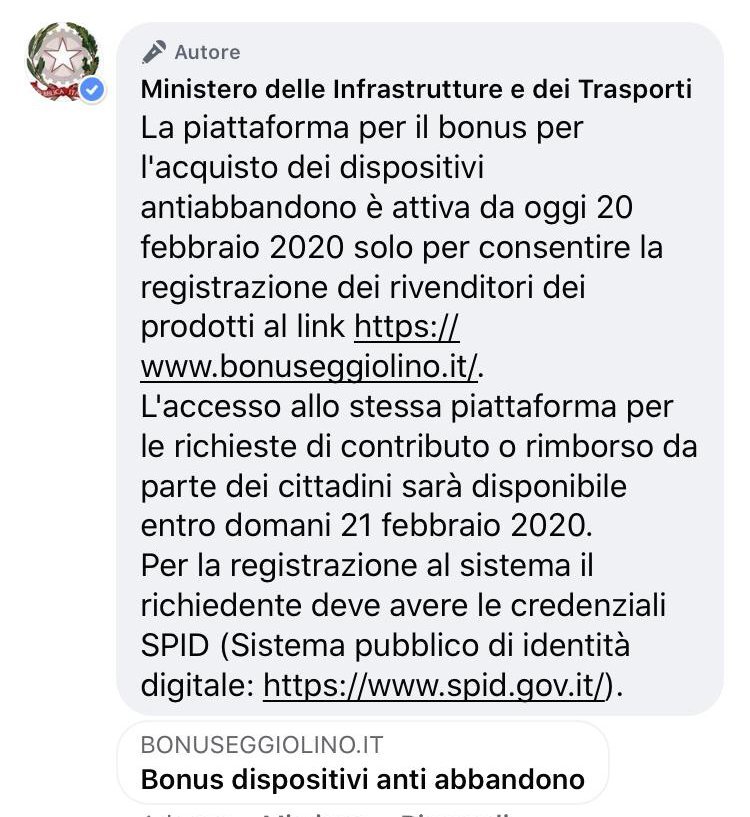 Ministero Trasporti bonus dispostivi antiabbandono
