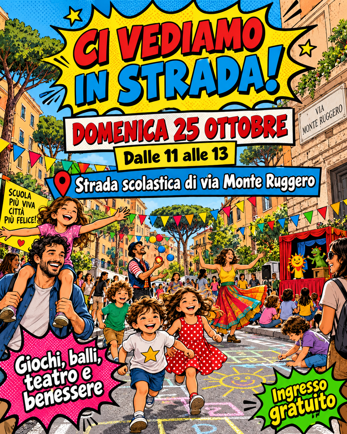 Via Libera: una mattinata di giochi, musica e teatro in via Monte Ruggero